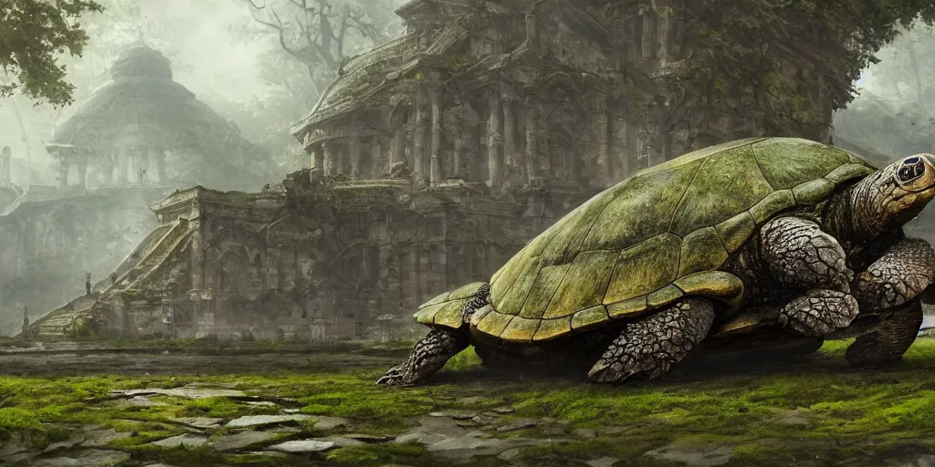 Image similar to a moss covered huge ancient turtle carrying a building, greg rutkowski, 8 k, shallow depth of field, intricate detail, concept art,