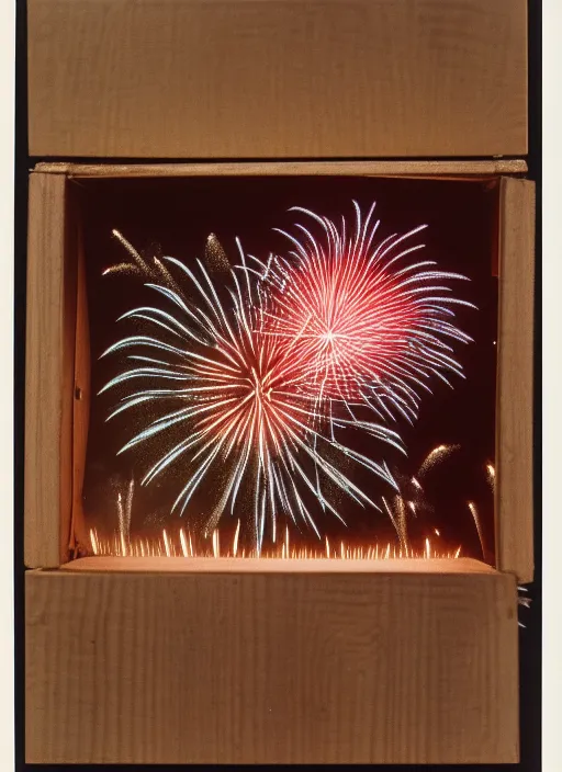 Prompt: realistic photo of fireworks in a wooden box, front view, grain 1 9 9 0, life magazine reportage photo, metropolitan museum photo