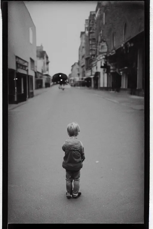 Prompt: photo polaroid of sad and lonely child in the middle of the street, in front of him a funfair, loneliness, war, black and white ,photorealistic, 35mm film,