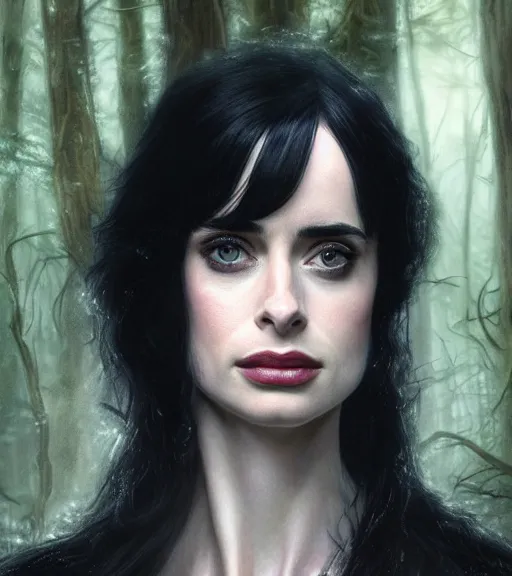 Prompt: 5 5 mm close up portrait photo of krysten ritter as yennefer of vengerberg in black leather armor and long black fluff hair, in a forest. magical atmosphere. art by greg rutkowski. lifelike. very detailed 8 k. intricate. soft light. nikon d 8 5 0.