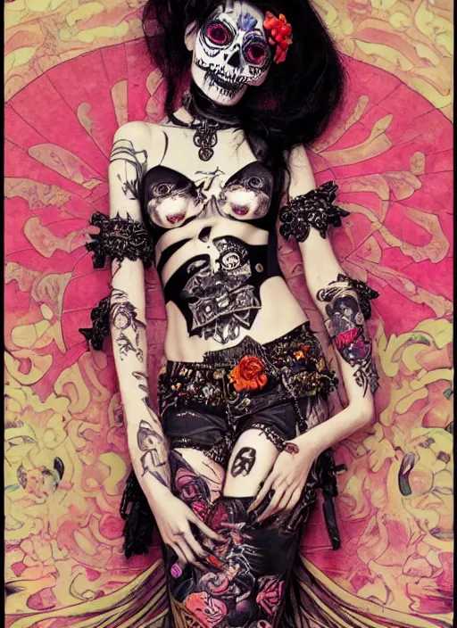 Prompt: cute punk goth fashion fractal Día de los Muertos tattooed girl posing in goth outfit by Zhang Jingna, psychedelic poster art of by Victor Moscoso Rick Griffin Alphonse Mucha Gustav Klimt Ayami Kojima Amano Charlie Bowater, masterpiece