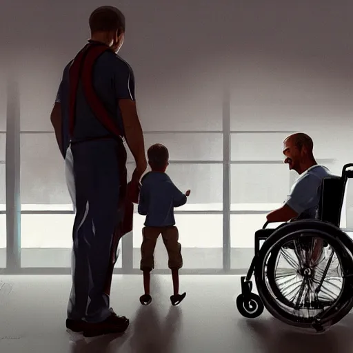 Image similar to a male patient in a wheelchair in the hospital with his wife and son standing by. happy, cheerful, smiling, intricate, sharp focus, artstation, cinematic, 8 k, art by greg rutkowski