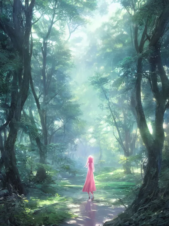 Image similar to an angel walking through a forest, holy aura. 8 k, octane render. by makoto shinkai, stanley artgerm lau, wlop, rossdraws, james jean, andrei riabovitchev, marc simonetti, krenz cushart, sakimichan, d & d trending on artstation, digital art.