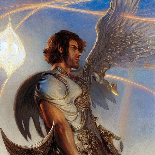 Image similar to attractive male deity casts light spell, summons attractive male lucifer morningstar. highly detailed painting by gaston bussiere, craig mullins, j. c. leyendecker 8 k