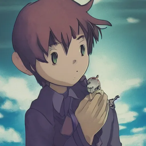 Image similar to friendly guy and small creature , with Fragile looking character portrait face made by Studio Ghibli highly detailed art, beautiful scene, sharp focus, smooth, High contrast, depth of field, 8k, anime art