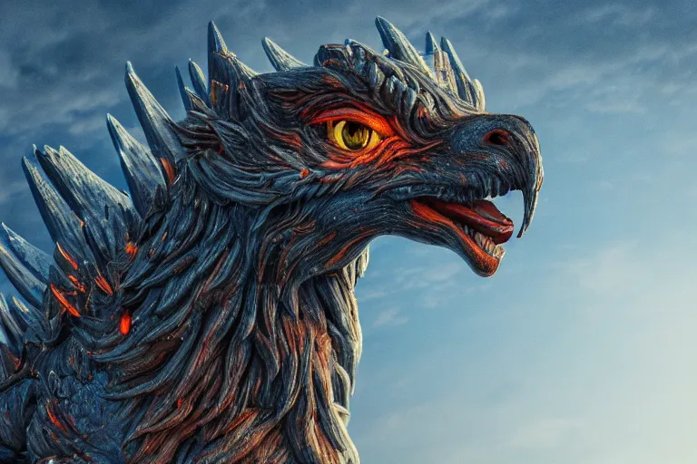 Prompt: looking up at a griffin in the sky, colorful eyes, glowing eyes, fire, frost, angry, demonic, detailed, realism, hyper-realistic, 8k, hd, detailed face, 3D render, octane render, wide shot,