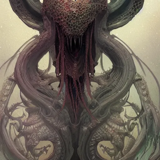 Image similar to Portrait of an undead ilithid mindflayer dracolich, honeycomb background, d&d, fantasy, intricate, elegant, highly detailed, digital painting, artstation, concept art, smooth, sharp focus, illustration, art by Krenz Cushart and Artem Demura and alphonse mucha