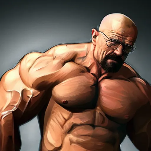 Prompt: walter white as an aggressive muscular bodybuilder, dynamic lighting, photorealistic concept art, trending on artstation, stunning visuals, creative, cinematic, ultra detailed