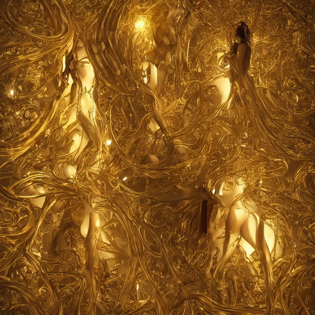 Image similar to human body shining thin golden Art Nouveau curs from inside, cinematic realistic photo, octane render