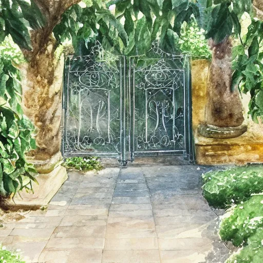 Image similar to delicate, chairs, garden, paved, botanic watercolors oils, iridescent, 8 k, realistic shaded, fine details, artstation, italian, iron gate, tree, mediterranean