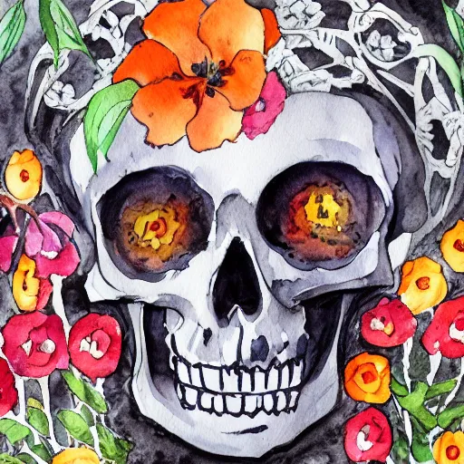 Prompt: skeleton surrounded by flowers, watercolor