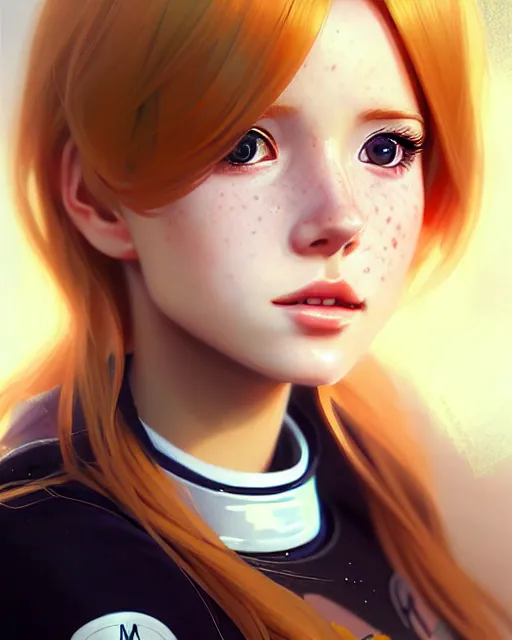 Image similar to portrait Anime freckled blonde space cadet girl Anna Lee Fisher anime cute-fine-face, pretty face, realistic shaded Perfect face, fine details. Anime. realistic shaded lighting by Ilya Kuvshinov Giuseppe Dangelico Pino and Michael Garmash and Rob Rey, IAMAG premiere, aaaa achievement collection, elegant freckles, fabulous