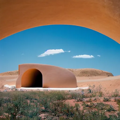 Prompt: a Non-Euclidean orb-like clay house sitting in the desert, vintage photo, beautiful cinematography, blue sky, film grain, James Turrell