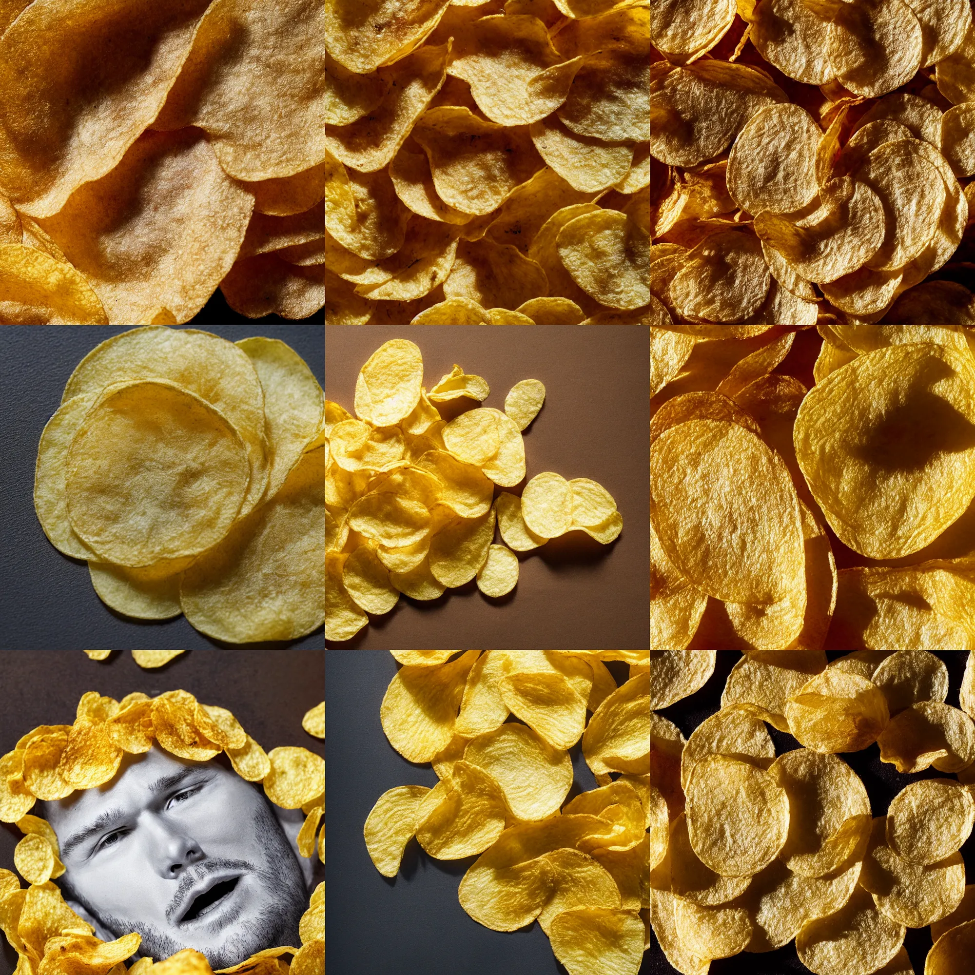 Prompt: chris pratt, potato chip style, chris pratt's face looks like a potato chip, texture, crisp, macro shot, high detail photo, close up