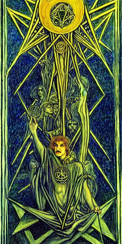 Prompt: a painting of nine of pentacles tarot card by austin osman spare and jean delville