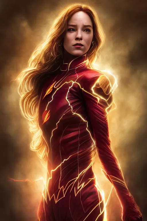 Image similar to Majestic and regal portrait of a female The Flash, DC universe, Perfect face, beautiful, intricate, epic, elegant, menacing, fantasy, highly detailed, digital painting, hard focus, beautiful volumetric lighting, epic light, ultra detailed, by Leesha Hannigan, Ross Tran, Thierry Doizon, Kai Carpenter, Ignacio Fernández Ríos