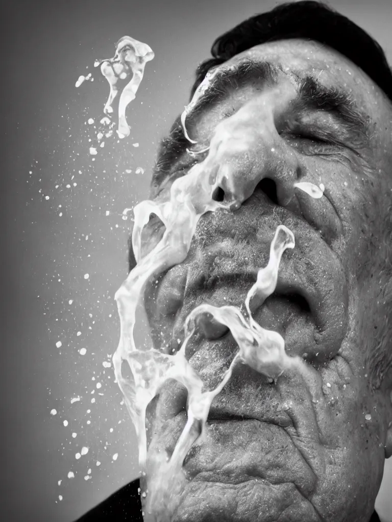 Prompt: Analog photographic portrait with 50 mm lens and f/1.2 of a 90 years old man with his eyes closed and a white viscous fluid floating in the air from his mouth. With a slight variation in the face and the liquid.