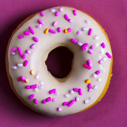 Prompt: A cute pink donut with sprinkles