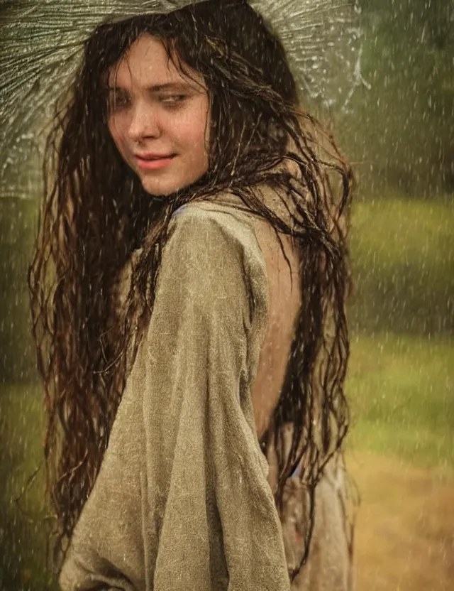 Image similar to wet long hair very beautiful happy peasant girl under the rain, country style, portrait, Cinematic focus, Polaroid photo, vintage, neutral colors, soft lights, foggy, by Steve Hanks, by Serov Valentin, by lisa yuskavage, by Andrei Tarkovsky 8k render, detailed, oil on canvas