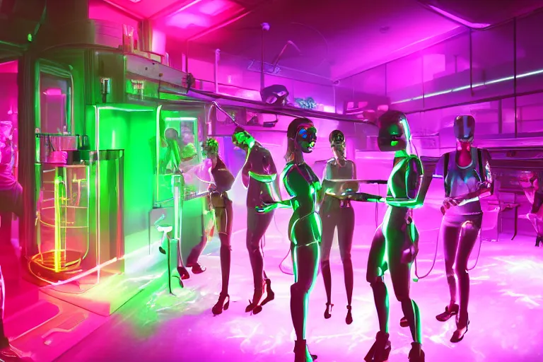 Prompt: photorealistic, cyberpunk nightclub, girls and female robots drinking radioactive glowing drinks from scientific glassware, loose wires and sparks