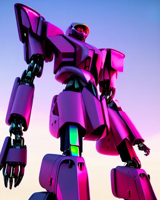 Image similar to hyperrealistic 3d render full mecha iridescent pink dramatic landscape concept art vray ute osterwald de chirico sharp cinematic very moody light 8k low angle shallow depth of field