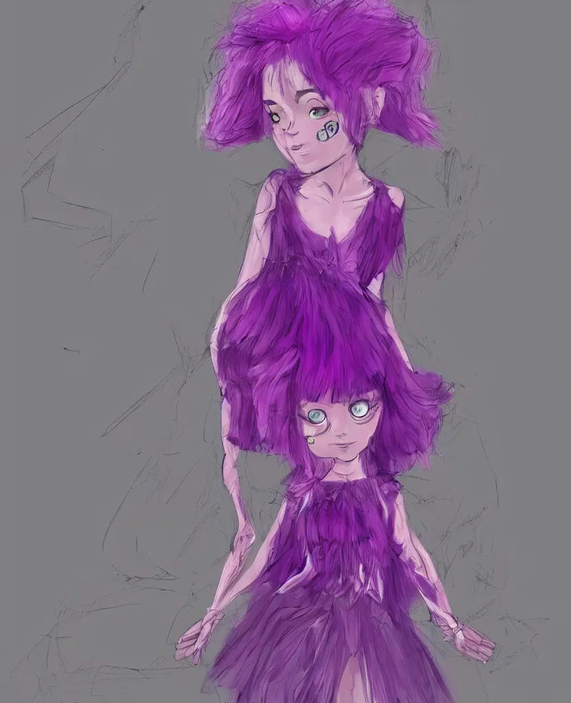 Image similar to little girl with eccentric pink hair wearing a dress made of purple fur, anatomically perfect, concept art, smooth