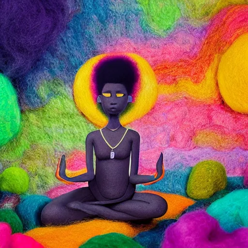 Image similar to a black girl with a colorful afro and big beautiful eyes meditating in an african zen garden with a waterfall!!, bokeh!, bright colors, synthwave, watercolor, volumetric wool felting, felt, macro photography, children illustration, by goro fujita