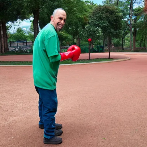 Prompt: janitor at the park, wearing boxing gloves