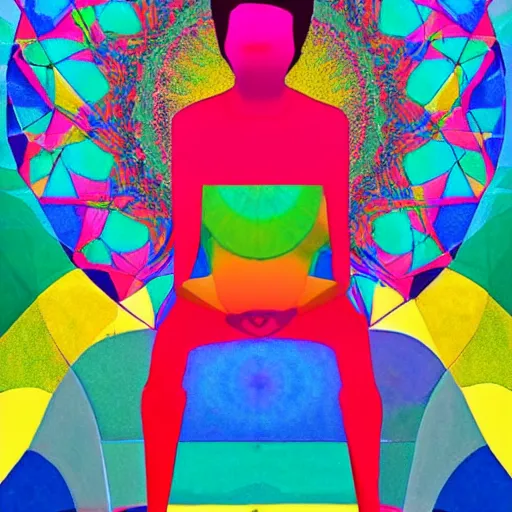 Prompt: A beautiful art installation of a man with a large head, sitting in what appears to be a meditative pose. His eyes are closed and he has a serene look on his face. His body is made up of colorful geometric shapes and patterns that twist and turn in different directions. It's almost as if he's sitting in the middle of a kaleidoscope! art deco by Bo Bartlett brash