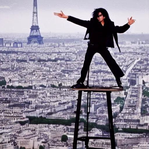 Image similar to old Michael Jackson recording music video in top of the Eiffel Tower, 4k 2022