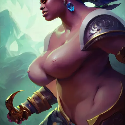 Prompt: full body portrait of huell babineaux, league of legends champion splash art, in - frame, photorealistic facial features, right side composition, art by pete mohrbacher and guweiz and ilya kuvshinov, highly detailed, intricate, sharp focus, unreal engine 5, 4 k uhd