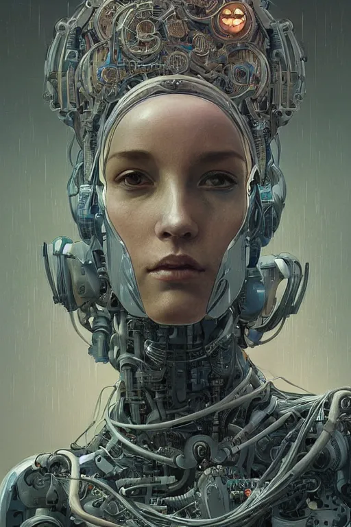 Image similar to portrait of a robot mother, intricate, dystopian, sci-fi, extremely detailed, digital painting, artstation, concept art, smooth, sharp focus, illustration, chiaroscuro lighting, incredible art by artgerm and greg rutkowski and alphonse mucha and simon stalenhag