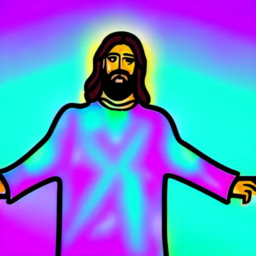 Prompt: jesus christ as a rave party dj, neon lights, detailed illustration, perfect face, 8 k