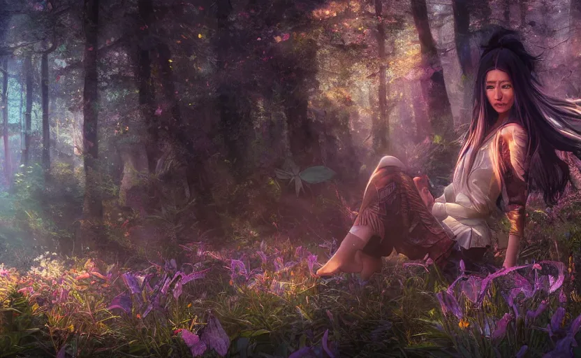 Prompt: beautiful Himalayan woman, sci-fi tibetan fashion, brown very very long hair, somber, scene of a summer forest with glowing blue lillies, dramatic light, wide angle, dramatic pose, dramatic angle , 8k hdr pixiv by Makoto Shinkai and Wojtek Fus