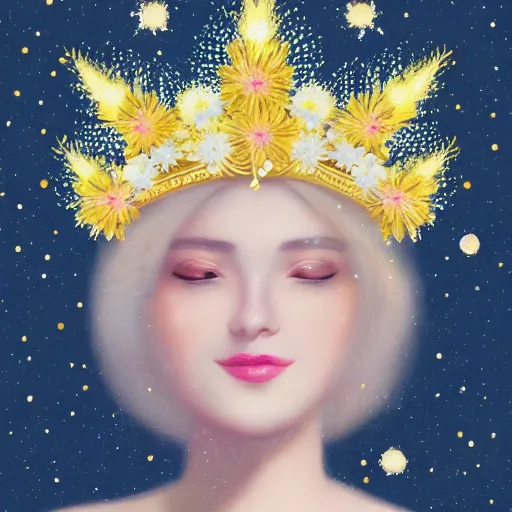 Image similar to close-up of a smiling beautiful female, blonde,, wearing a crown of daisies, beautiful happy face, ethereal, starry, space, magical atmosphere, maximalist, cinematic lighting, cinematic atmosphere, trending on artstation, cgsociety, 8k, high resolution, in the style of Faiza Maghni, David Ligare, Flora Borsi, Daniel Gerhartz, detailed intricate ink illustration, dark atmosphere, detailed illustration, hd, 4k, digital art, overdetailed art, concept art, by greg rutkowski, by loish, complementing colors, Trending on artstation, deviantart