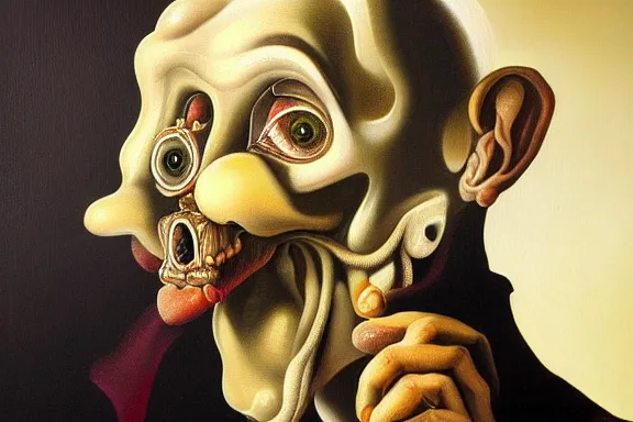 Prompt: oil painting with black background by christian rex van dali todd schorr of a chiaroscuro portrait of an extremely bizarre disturbing mutated man with acne intense chiaroscuro obscuring features lighting perfect composition masterpiece