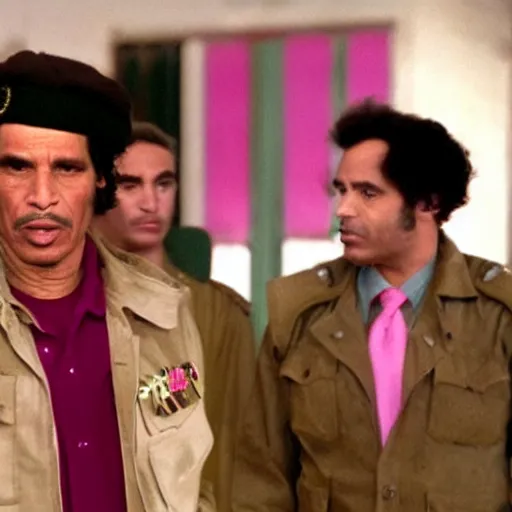 Image similar to A movie still of Muammar Gaddafi wearing a pink dress in Mean Girls