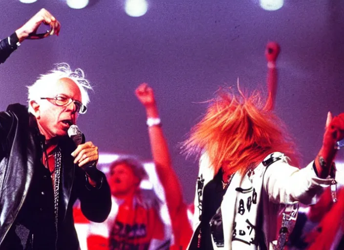 Image similar to publicity photo still of bernie sanders in motley crue live on stage 1 9 8 8, 8 k, live concert lighting, mid shot