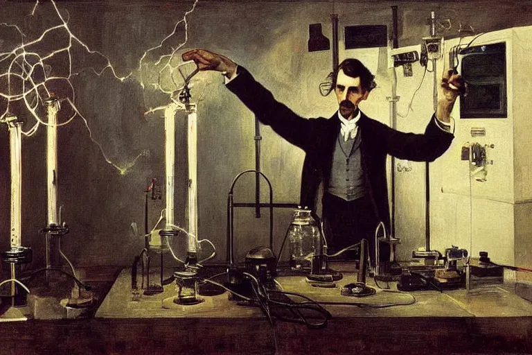 Image similar to Nikola Tesla in his science electric laboratory, with arms open between two tesla coils working, ultra detailed painting, wide angle lens, painted by Gustave Courbet