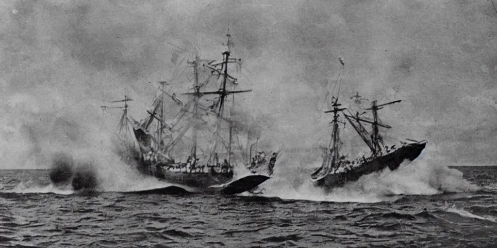 Prompt: a boat being attacked by a sea serpent the sailors are fighting it, 1 9 0 0 s photograph