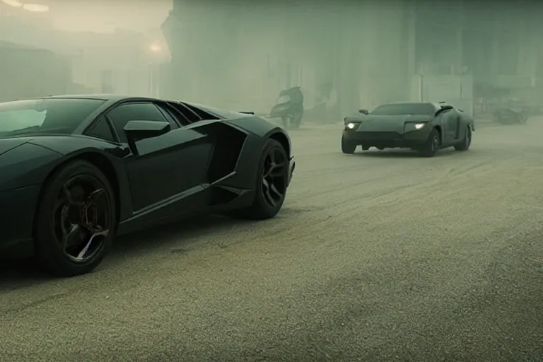 Image similar to A cinematic film still of a Lamborghini in the movie Blade Runner: 2049.