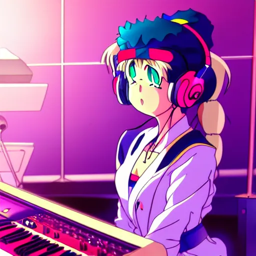 Image similar to An anime character working in their music studio. 90s anime, Sailor Moon, Neon Genesis, official art, flat cell shading, fantastic screenshot art, trending on artstation