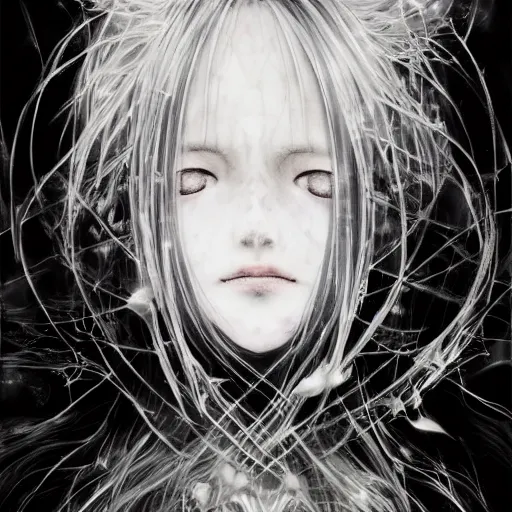 Image similar to Yoshitaka Amano blurred and dreamy illustration of an anime girl with wavy white hair and cracks on her face wearing Elden ring armour with the cape fluttering in the wind, abstract black and white patterns on the background, noisy film grain effect, highly detailed, Renaissance oil painting, weird portrait angle