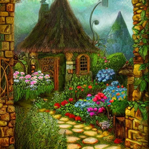 Image similar to garden in an elven village, fantasy, pastel