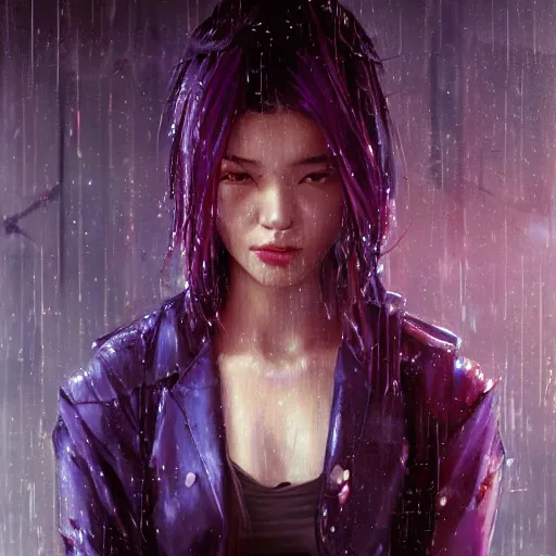 Image similar to very detailed masterpiece painting of a very beautiful wet asian young cyberpunk woman with dark purple hair, cyberpunk background, raining, closeup, portrait, artstation, concept art by greg rutkowski