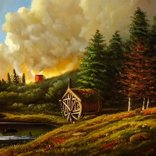Prompt: beautiful oil painting, snowy woodland meadow, log cabin, smoke billowing from chimney, evening, light from window, water stream, water wheel, oak trees, pine trees, rabbits, squirrel, fox, mild breeze wind, snow on trees and ground, mountain in background, high detailed