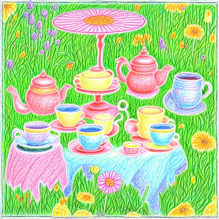 Image similar to an absurdly-detailed tea party in the flower garden colored-pencil drawing as a fancy square tile. pastel palette