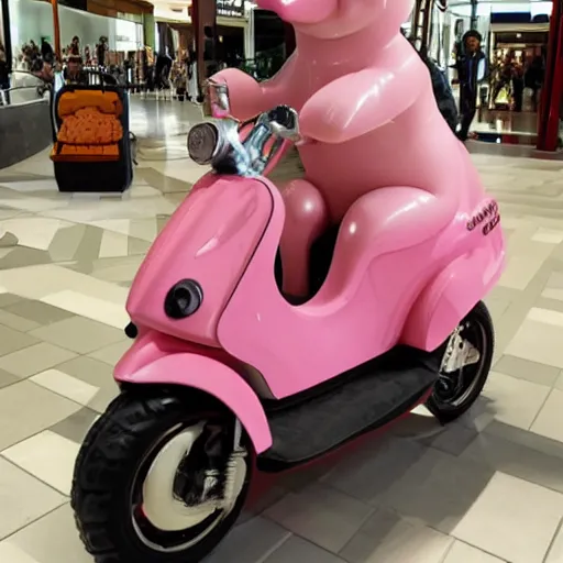 Image similar to photo of a anthropomorphic pig on a mobility scooter in a mall