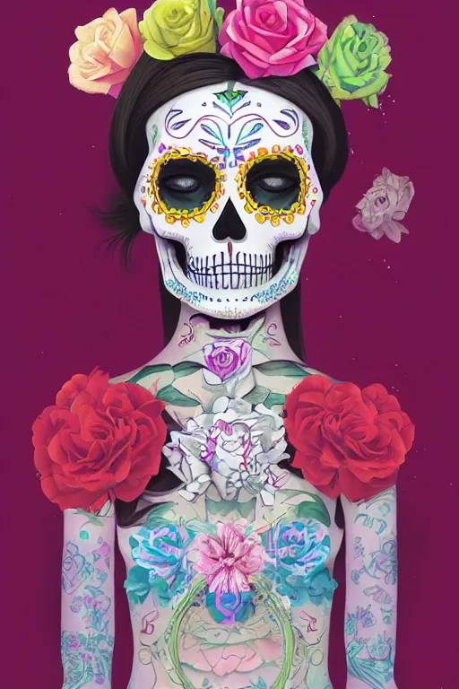 Image similar to Illustration of a sugar skull day of the dead girl, art by hsiao ron cheng