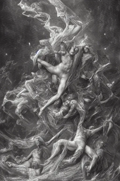 Image similar to several human forms mixed together form a tornado by artgem and gustave dore, highly detailed, high contrast, trippy, nebula, trending on artstation